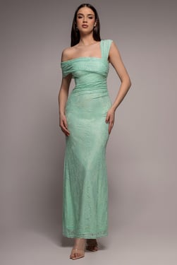 Goddiva One Shoulder Pleated Bardot Lace Maxi Dress - Mint Green