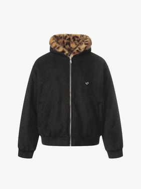 Tiger Print With Ears Hooded Fur Jacket - Black / XL