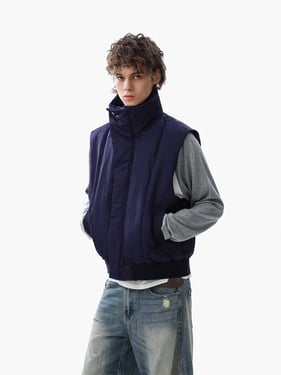 Street High-Neck Asymmetrical Placket Cotton Vest - Navy / XL