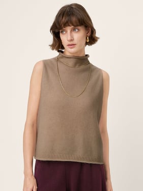100% Mongolian Cashmere Hand-Finished Rolled Edge Sleeveless Turtleneck Knit Top DAISY - Cocoa Brown / L
