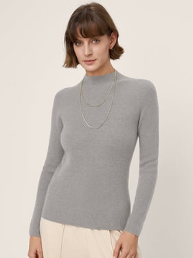 Premium Cashmere Blend Hand-Finished Seamless Fitted Mock Neck Sweater ZINA - Light Grey / L