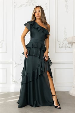 Autumn's Embrace One Shoulder Maxi Dress Hunter Green