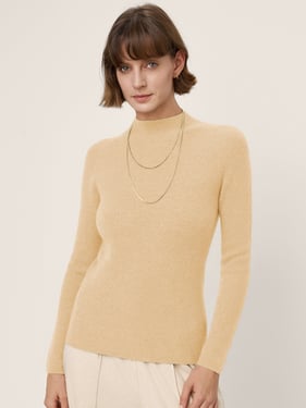 Premium Cashmere Blend Hand-Finished Seamless Fitted Mock Neck Sweater ZINA - Khaki / L