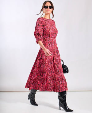 Red Animal 3/4 Sleeve Midi Dress - 20