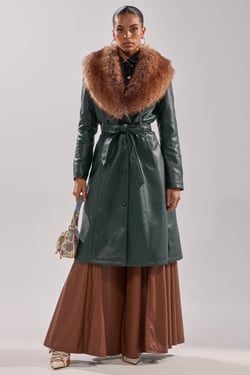 AKIRA View Fur Trim Trench Coat | Green | Size XL