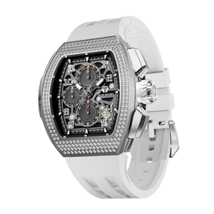 TSAR BOMBA Men's Quartz Watch | White | Atomic TB8214 | Cubic Zirconia Bezel | Luxury Sport Watch | 50M Waterproof Sapphire Glass FKM Rubber Strap