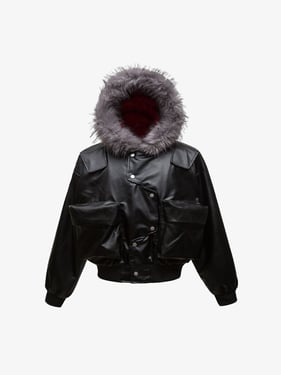Deconstructed Multi Pocket Fur Hooded PU Leather Jacket - 2566 - Black / XL