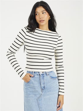 Brave Soul Stripe Boat Neck Top - Cream / Black - XS