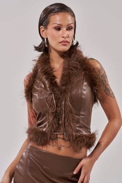 AKIRA Cant Miss Me Faux Leather Fur Corset Top | Brown | Size 1X