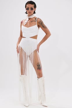 AKIRA Rodeo Ready Fringe Maxi Dress | White | Size Small