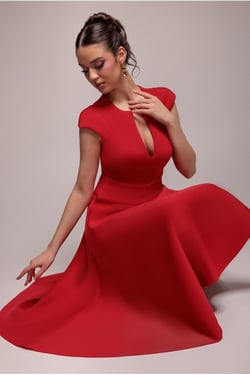 Goddiva Cap Sleeve Skater High Low Midi Dress - Red