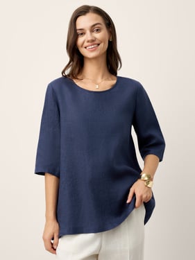 100% LinenRelaxed A-line Crew Neck Back Button Pullover Top SYLVANA - Navy Blue / XXL