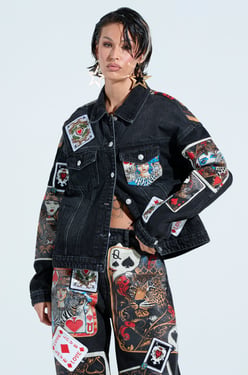 AKIRA Queen Of Hearts Printed And Embellished Denim Jacket | Black | Size 1X