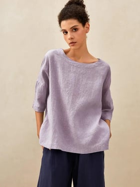 100% Linen Boatneck 3/4 Length Sleeve Top AURORA - Lavender / XXL