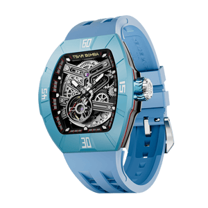TSAR BOMBA Men's Automatic Skeleton Watch | Interchangeable Luxury Design | Dynamic Light Blue | Atomic TB8218 | Fluororubber