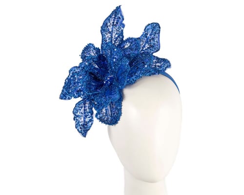 Shiny royal blue lace fascinator by Fillies Collection