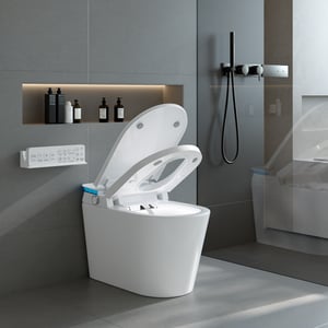 Modern White Smart Toilet – Skirted Design, Heated Seat, LED Display, Aromatherapy & Remote-Controlled Functions