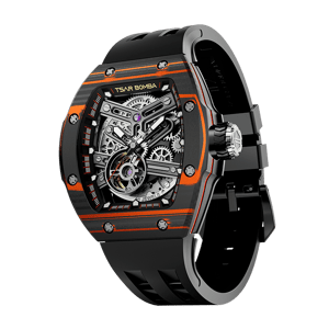 TSAR BOMBA Men's Automatic Skeleton Watch | Interchangeable Luxury Design | Black Orange | Atomic TB8218 | Carbon Fiber