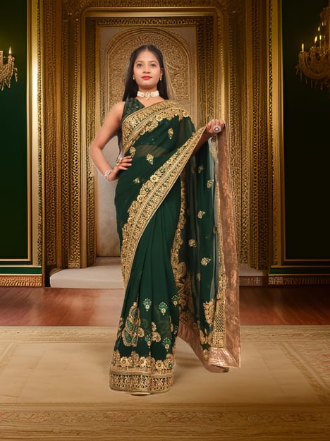 Designer Saree with Embroider & Zari Thread Work by Shreekama