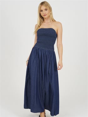 Brave Soul Zante Chambray Bandeau Ruched Bodice Midi Dress - Indigo - XS
