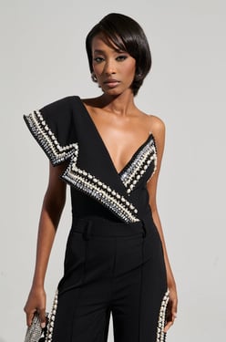 AKIRA Luxurious Asymetrical Pearl Bodysuit | Black | Size 2X