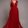 Goddiva Sleeveless Pleated Dobby Mesh Corsage Maxi Dress - Red