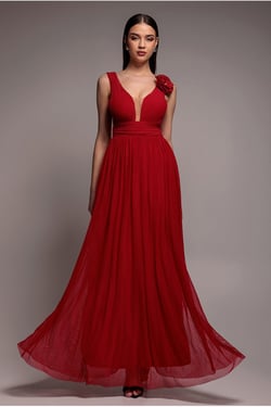 Goddiva Sleeveless Pleated Dobby Mesh Corsage Maxi Dress - Red