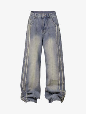 Thesupermade Washed Distressed Raw Edge Baggy Jeans - 2271 - Blue / M