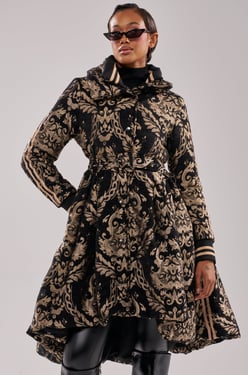 AKIRA Decker Puffer Trench In Jacquard | Black | Size Large