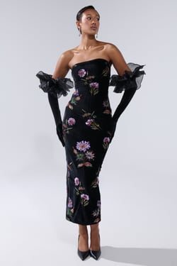 AKIRA Luna Beaded Floral Velvet Midi Dress | Black | Size XL