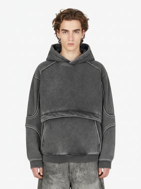 Retro Deconstructed Patchwork Washed Hoodie - Dark Gray / XL