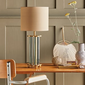Club table lamp in brass and green glass