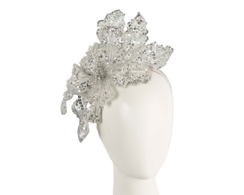 Shiny Silver lace fascinator by Fillies Collection