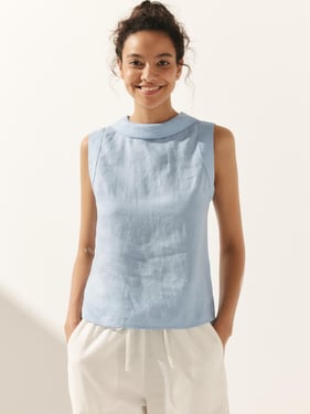 100% Linen Draped Collar Tank Top - Ice Blue / XXL