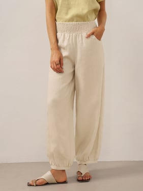 100% Linen Broad Elastic Waistband Pants TALIA - Khaki / S