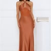 Formal Statement Halter Satin Maxi Dress Mocha