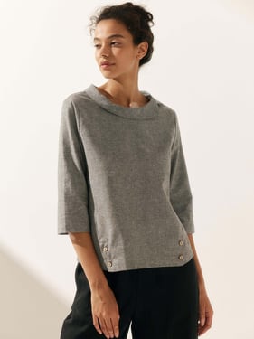 Linen Gingham Checked Round Soft-Fold Collar Top LAURA - Neutral Grey / XXL