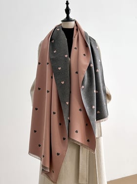 Double-Sided Heart-Jacquard Fringed Scarf - Blush Heart / One Size