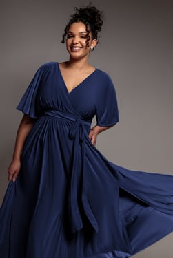 Goddiva Plus Wrap Front Maxi With Flutter Sleeves - Navy Blue