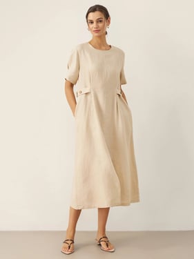 100% Linen Round Neck Button-Tie Maxi Dress XANDRA - Khaki / XXL