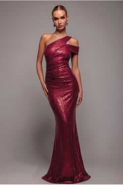 Goddiva One Shoulder Sequin Evening Maxi - Wine