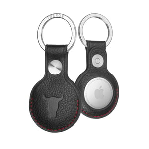 Leather AirTag Keychain - Black with Red Detail