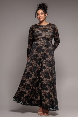 Goddiva Plus Scalloped Lace A-Line Maxi Dress - Black