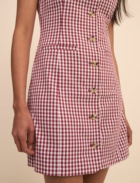 Burgundy Gingham Boat Neck Tailored Mini Dress