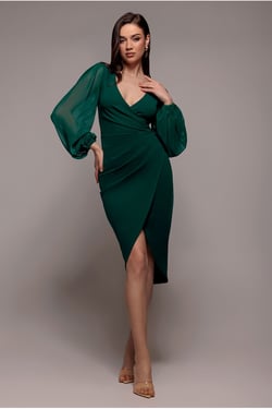 Goddiva Scuba & Chiffon Balloon Sleeve Wrap Midi Dress - Emerald Green