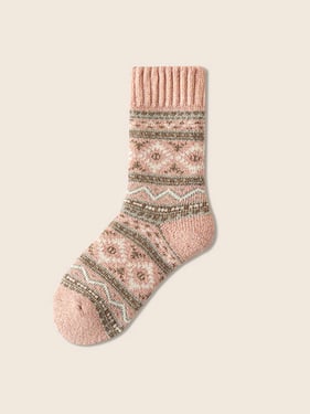 Wool Blend Retro Jacquard Thick Over-the-Calf Socks - Pink / One Size