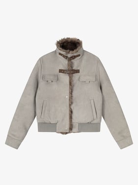Vintage Suede Faux Fur Lined Buckle Bomber Jacket - Gray / XL