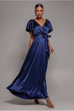 Goddiva Satin Flutter Sleeve Wrap Maxi Dress - Navy Blue