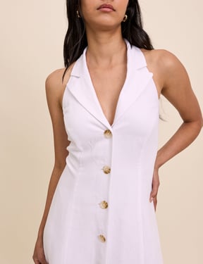 White Linen-Blend Halterneck Midi Dress