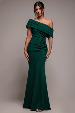 Goddiva Pleated One Shoulder Bardot Fit And Flare Maxi Dress - Emerald Green